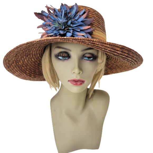 Brown Wide Brim Hat Light Braided Hat With Large Blue Flower Accent NEW
